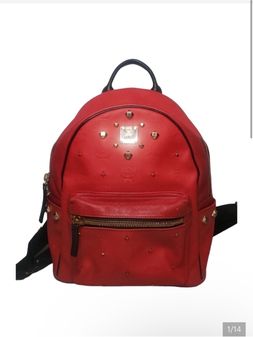 MCM Red Leather Studded Mini Backpack with Gold Hardware